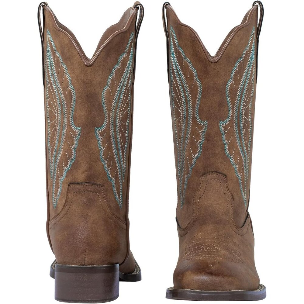 ⚡Women's Brown Embroidered Square Toe Wide Calf Cowgirl Boots Western Elegant - Picture 2 of 8